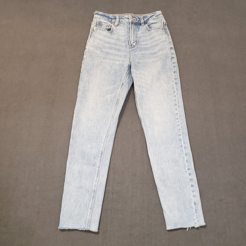 American Eagle Mom‎ Jeans Womens 00 Light Blue High Rise Raw Hem Stretch Denim